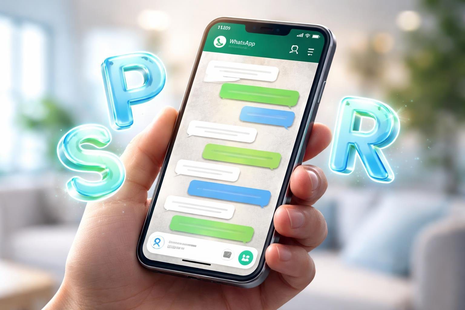 Uma mão segurando um smartphone com a tela do WhatsApp aberta, com letras 3D flutuantes formando 'PSR' ao redor do aparelho.