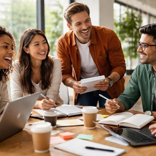 Grupo diversificado de jovens adultos em um escritório moderno, reunidos em volta de uma mesa, conversando e sorrindo durante uma sessão de brainstorming.