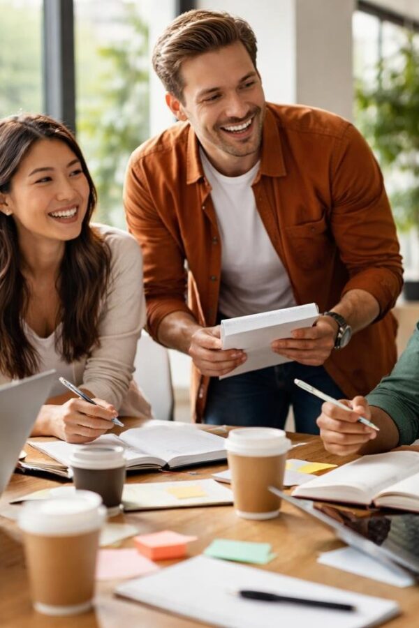 Grupo diversificado de jovens adultos em um escritório moderno, reunidos em volta de uma mesa, conversando e sorrindo durante uma sessão de brainstorming.