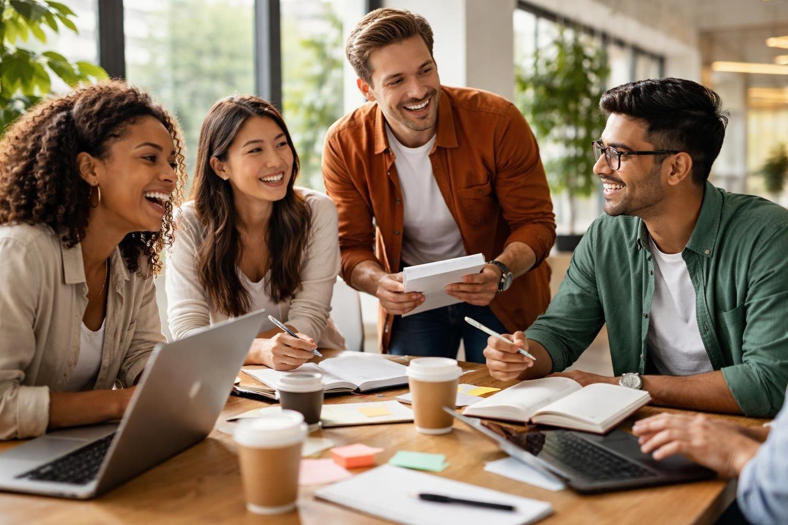 Grupo diversificado de jovens adultos em um escritório moderno, reunidos em volta de uma mesa, conversando e sorrindo durante uma sessão de brainstorming.