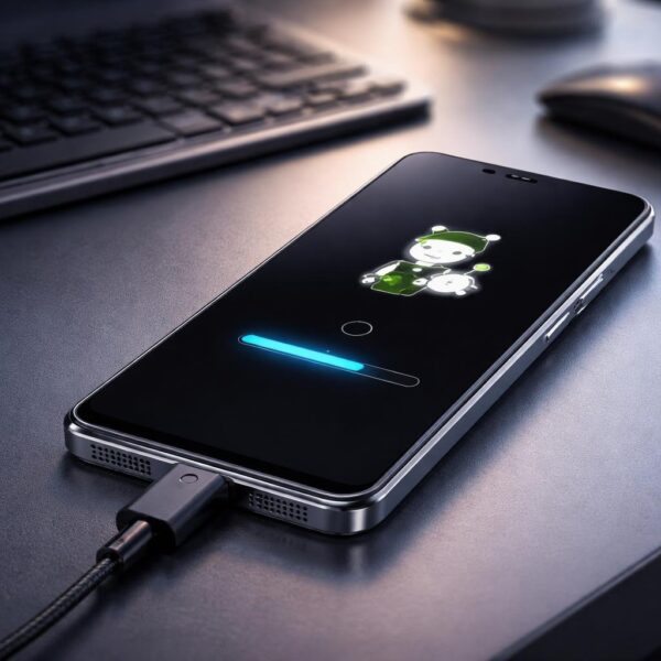 Um smartphone Xiaomi conectado a um computador, mostrando a tela de modo fastboot com indicadores de progresso.