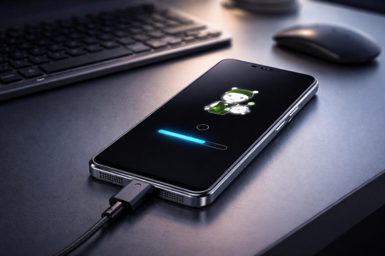 Um smartphone Xiaomi conectado a um computador, mostrando a tela de modo fastboot com indicadores de progresso.