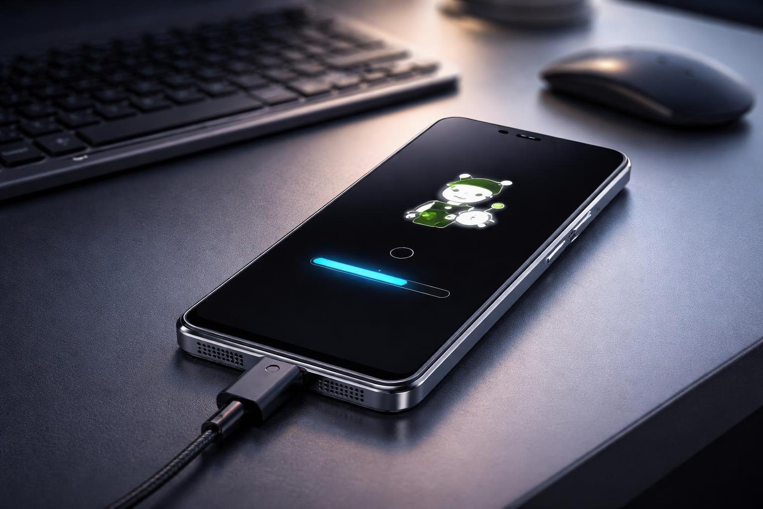 Um smartphone Xiaomi conectado a um computador, mostrando a tela de modo fastboot com indicadores de progresso.