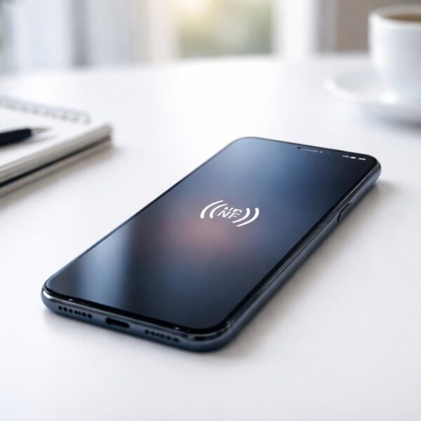 Um smartphone moderno sobre uma mesa de escritório com itens de trabalho ao redor, mostrando um ícone sutil de NFC na tela.