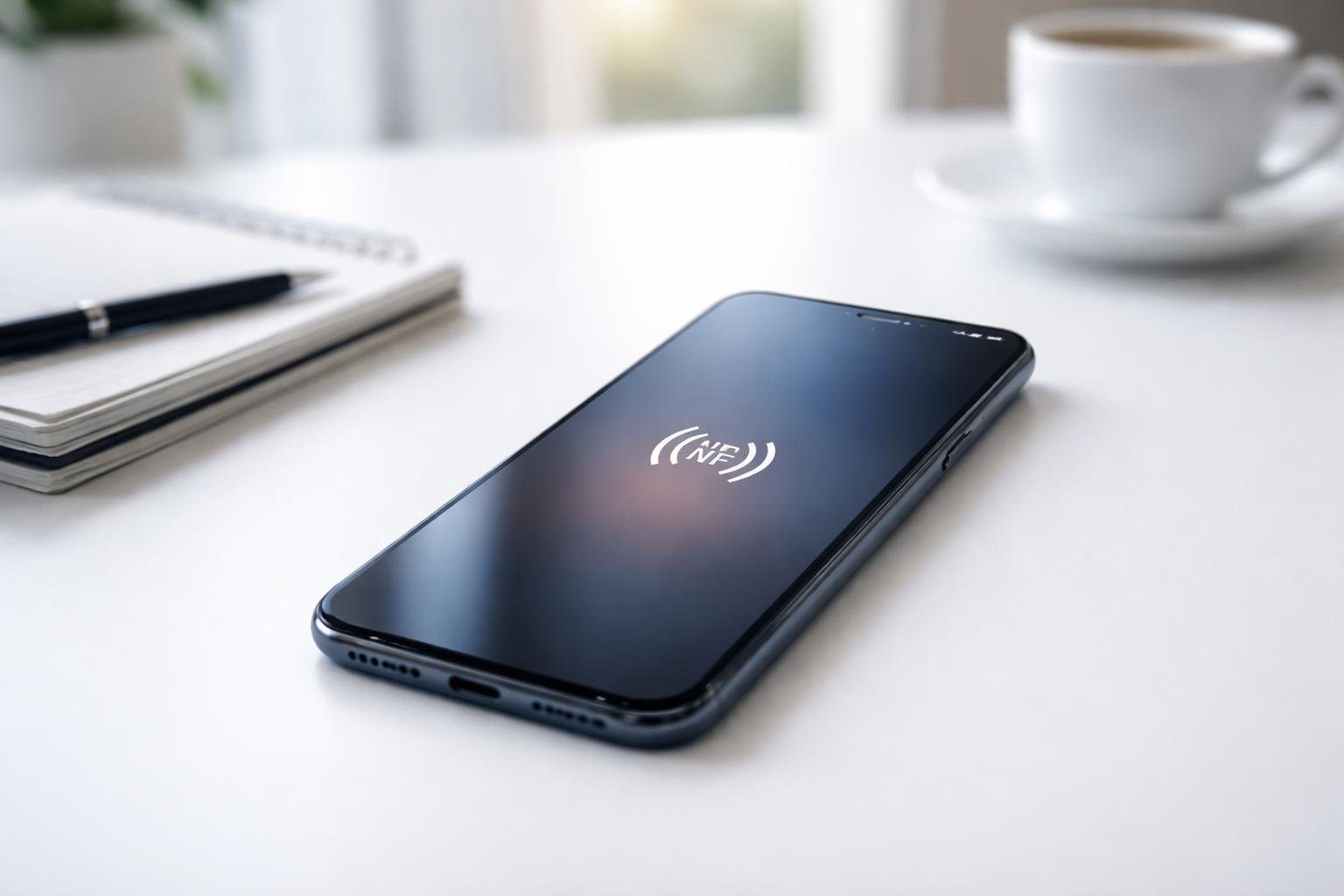 Um smartphone moderno sobre uma mesa de escritório com itens de trabalho ao redor, mostrando um ícone sutil de NFC na tela.