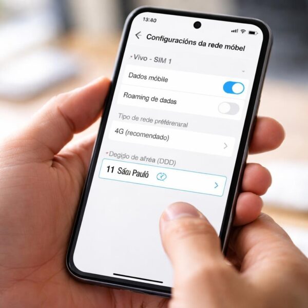 Pessoa segurando um smartphone com a tela mostrando configurações de rede móvel, em ambiente interno bem iluminado.