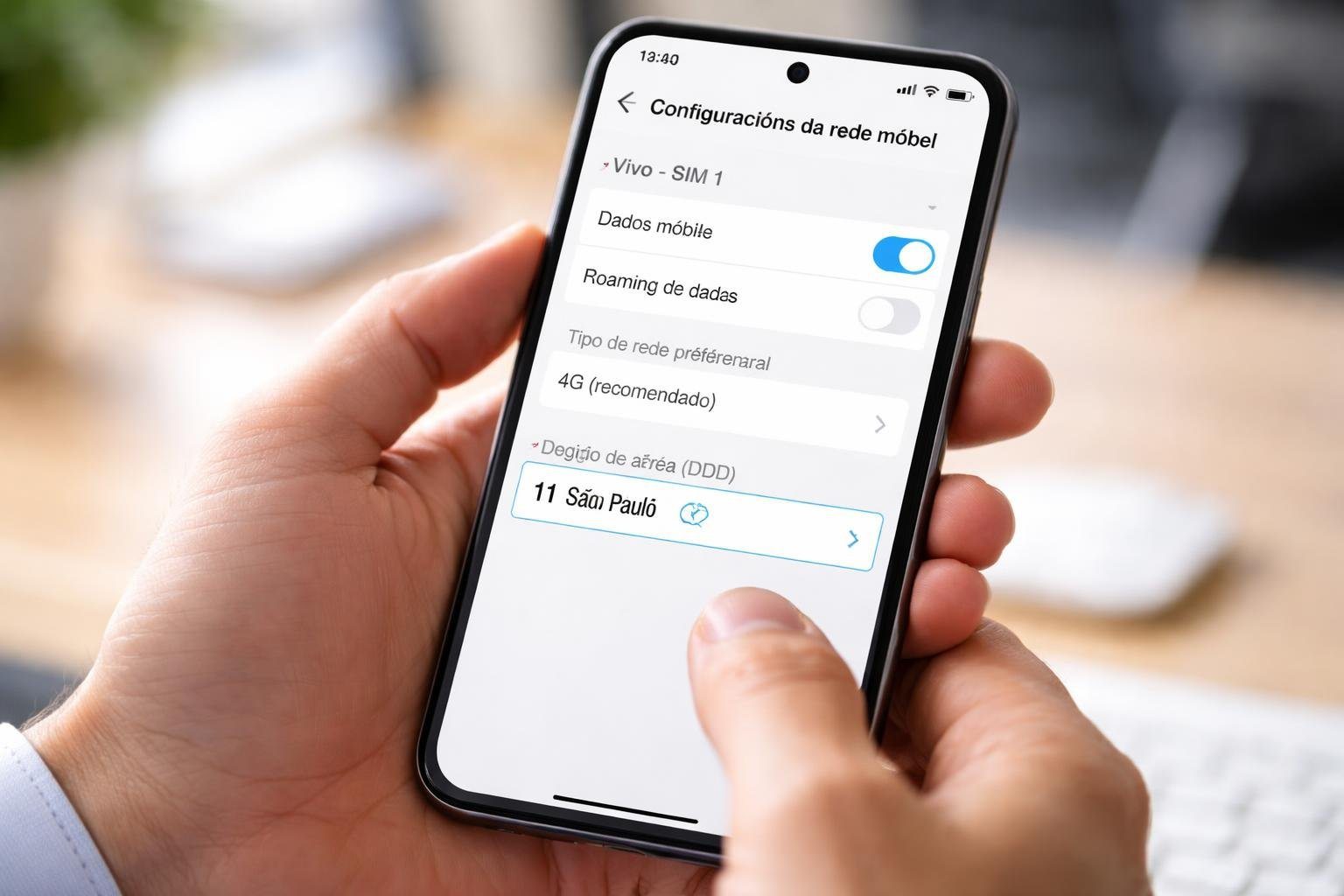 Pessoa segurando um smartphone com a tela mostrando configurações de rede móvel, em ambiente interno bem iluminado.