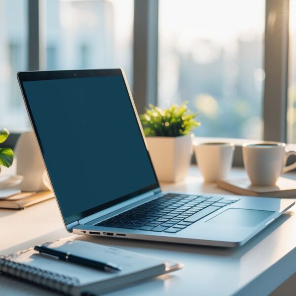 Ambiente de trabalho iluminado com laptop, planta, café e caderno sobre a mesa, com luz natural entrando pela janela.