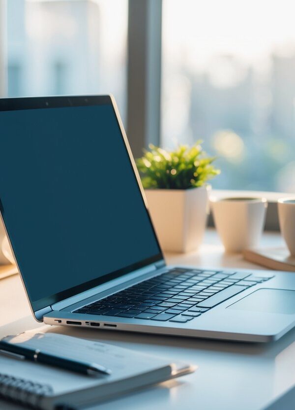 Ambiente de trabalho iluminado com laptop, planta, café e caderno sobre a mesa, com luz natural entrando pela janela.