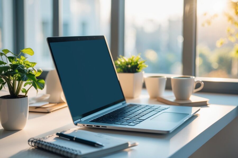 Ambiente de trabalho iluminado com laptop, planta, café e caderno sobre a mesa, com luz natural entrando pela janela.