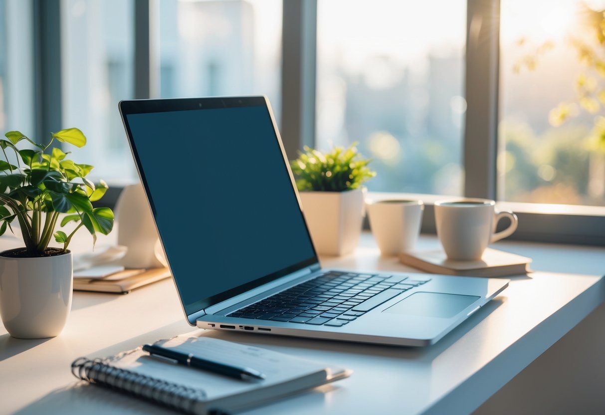 Ambiente de trabalho iluminado com laptop, planta, café e caderno sobre a mesa, com luz natural entrando pela janela.