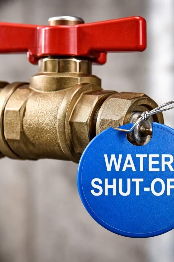 Close-up de um lacre de corte de água em uma válvula conectada a um cano.