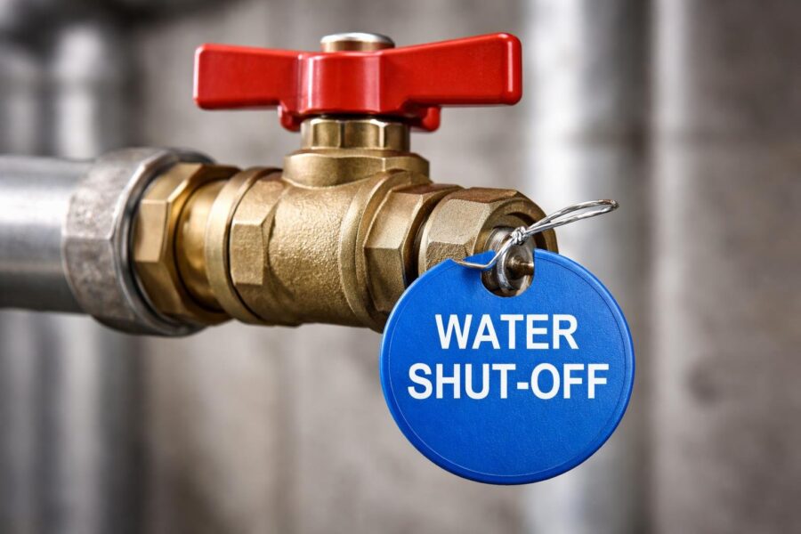 Close-up de um lacre de corte de água em uma válvula conectada a um cano.