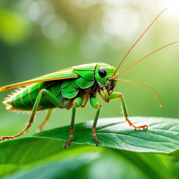 Um grilo verde sobre uma folha verde em um ambiente natural ao ar livre.