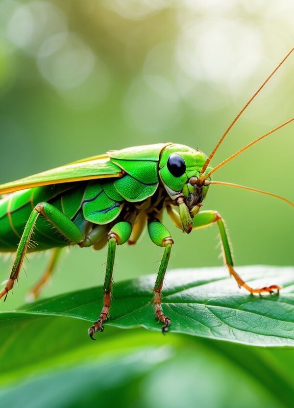 Um grilo verde sobre uma folha verde em um ambiente natural ao ar livre.