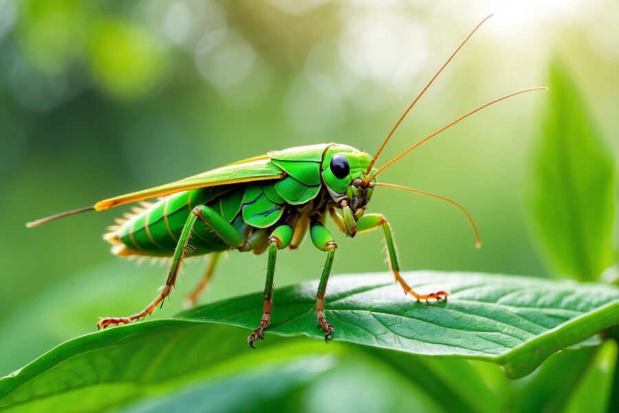 Um grilo verde sobre uma folha verde em um ambiente natural ao ar livre.