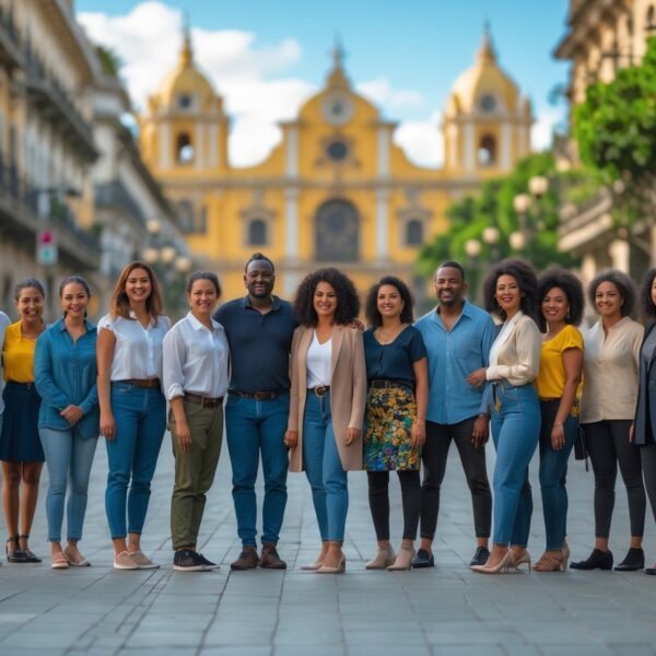 Grupo diversificado de pessoas brasileiras em uma área urbana, representando a diversidade cultural do Brasil.