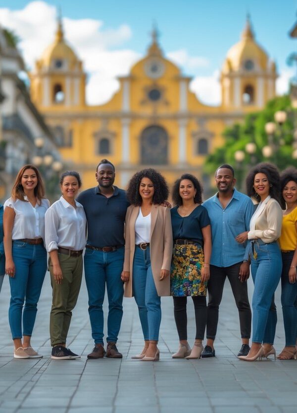 Grupo diversificado de pessoas brasileiras em uma área urbana, representando a diversidade cultural do Brasil.
