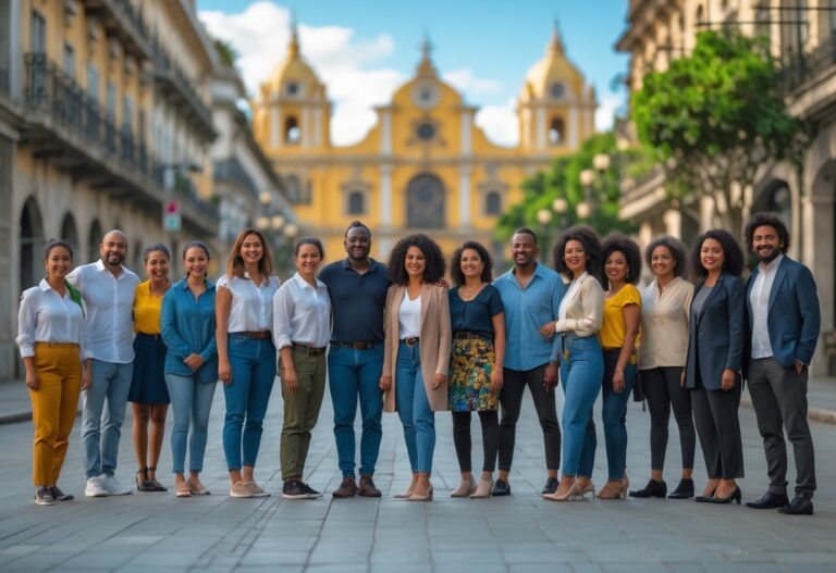 Grupo diversificado de pessoas brasileiras em uma área urbana, representando a diversidade cultural do Brasil.