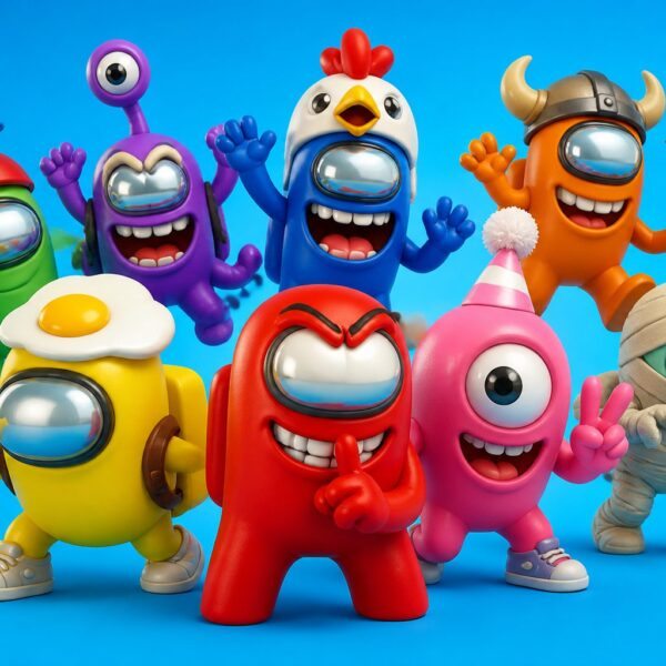 Cena colorida com personagens animados e expressivos em poses divertidas, em um fundo claro e vibrante.