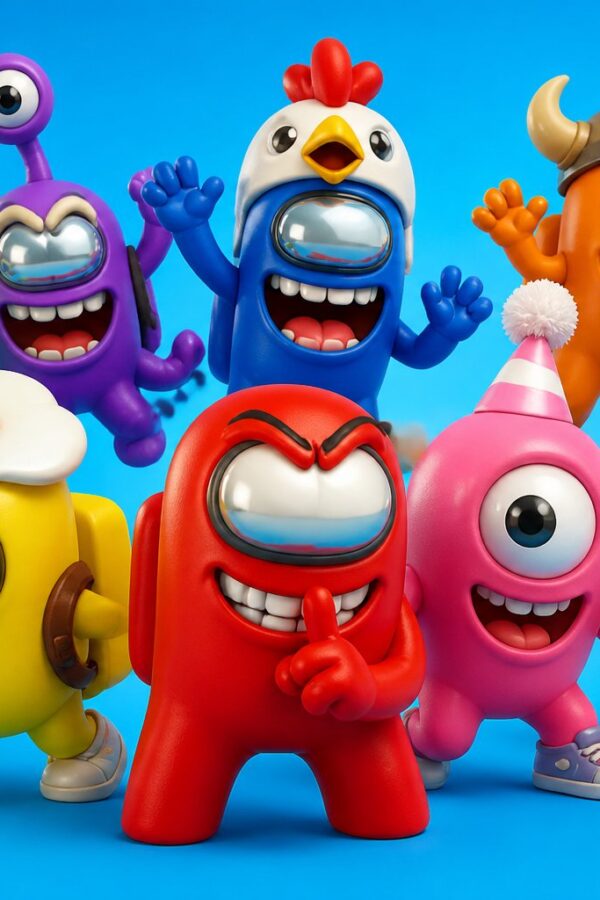 Cena colorida com personagens animados e expressivos em poses divertidas, em um fundo claro e vibrante.