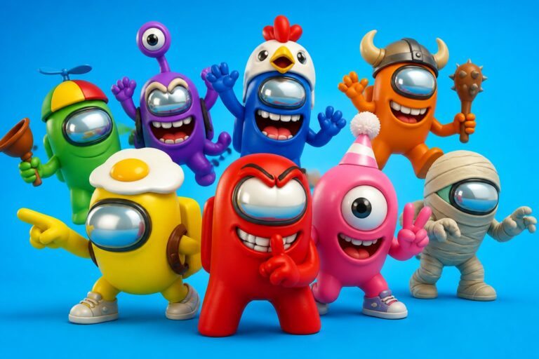Cena colorida com personagens animados e expressivos em poses divertidas, em um fundo claro e vibrante.