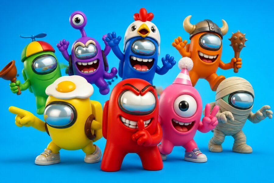 Cena colorida com personagens animados e expressivos em poses divertidas, em um fundo claro e vibrante.