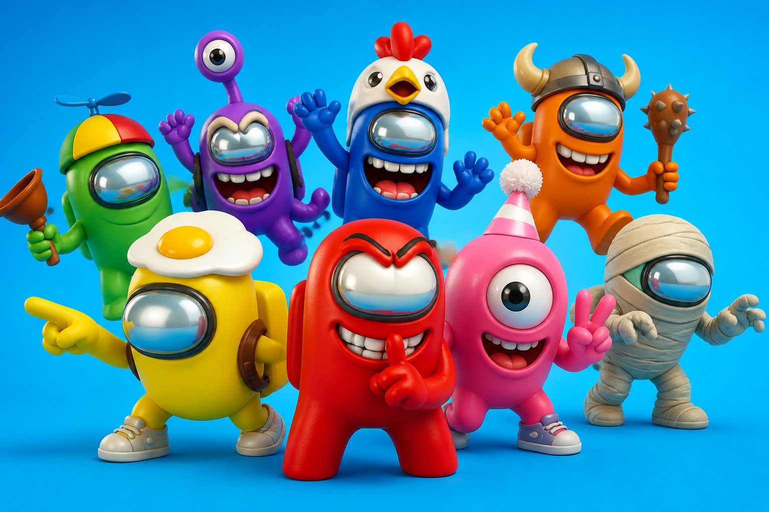 Cena colorida com personagens animados e expressivos em poses divertidas, em um fundo claro e vibrante.