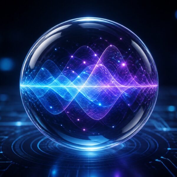 Esfera de vidro transparente flutuando com formas onduladas e partículas luminosas sobrepostas, representando superposição quântica em um ambiente tecnológico escuro.