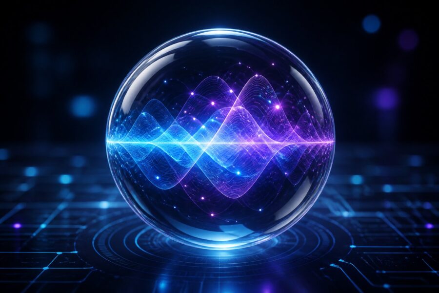 Esfera de vidro transparente flutuando com formas onduladas e partículas luminosas sobrepostas, representando superposição quântica em um ambiente tecnológico escuro.