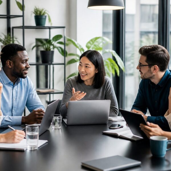 Profissionais diversos colaborando em uma mesa de conferência em um escritório moderno e iluminado.