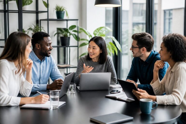 Profissionais diversos colaborando em uma mesa de conferência em um escritório moderno e iluminado.
