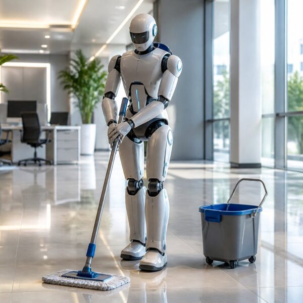 Robô zelador limpando o chão em um escritório moderno com janelas grandes e plantas.