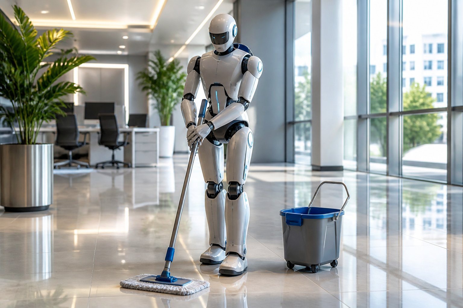 Robô zelador limpando o chão em um escritório moderno com janelas grandes e plantas.