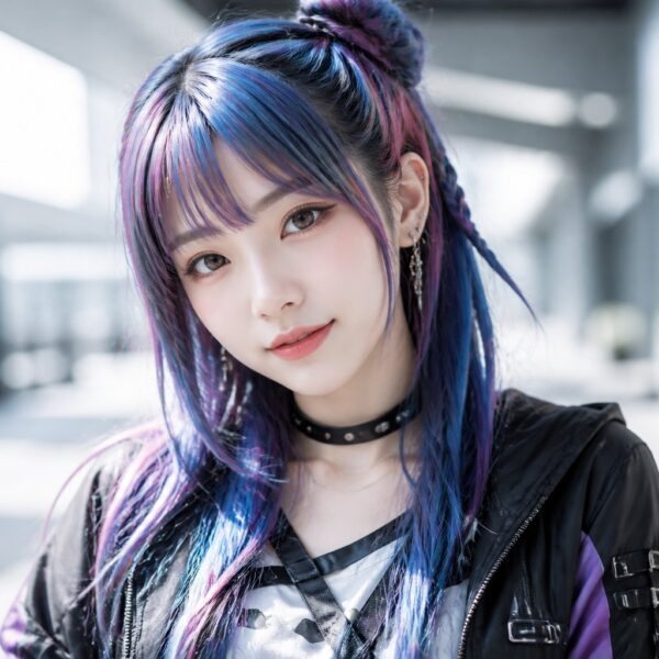 Jovem mulher com cabelo colorido e expressão amigável em ambiente urbano desfocado.