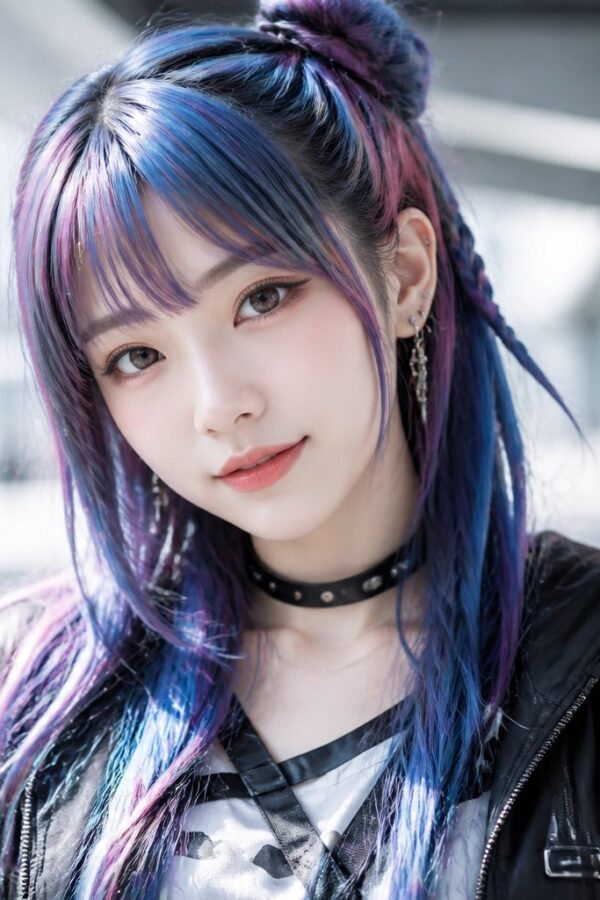 Jovem mulher com cabelo colorido e expressão amigável em ambiente urbano desfocado.
