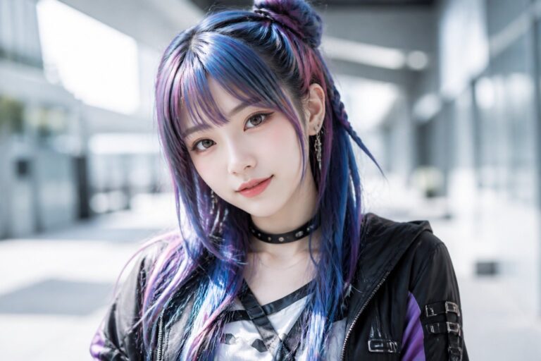 Jovem mulher com cabelo colorido e expressão amigável em ambiente urbano desfocado.