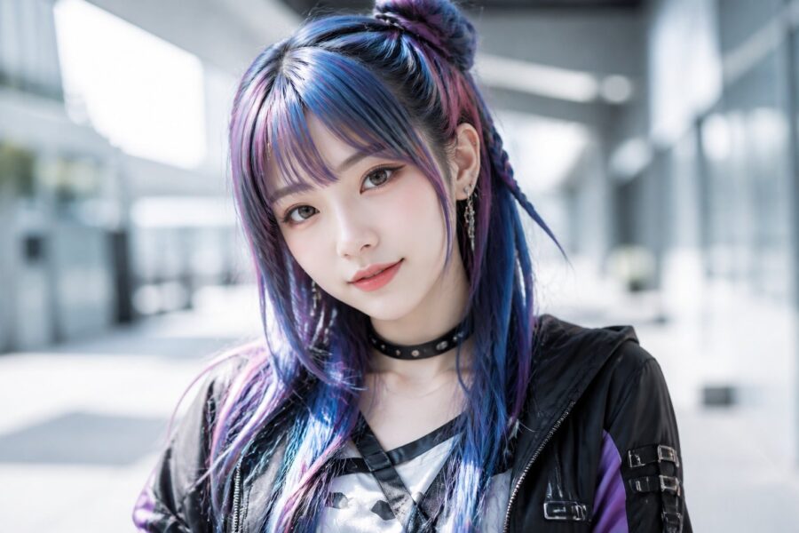 Jovem mulher com cabelo colorido e expressão amigável em ambiente urbano desfocado.