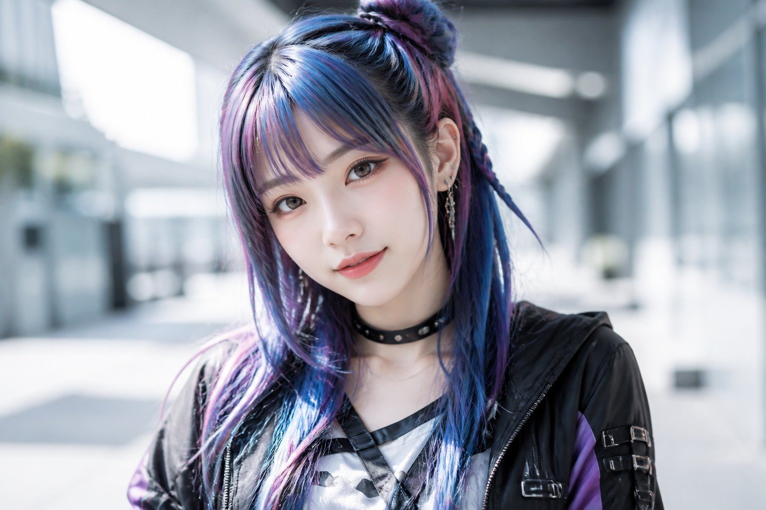 Jovem mulher com cabelo colorido e expressão amigável em ambiente urbano desfocado.