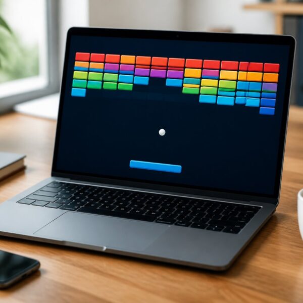 Um laptop em uma mesa de escritório com um jogo de quebra-blocos colorido na tela, cercado por itens de trabalho como caderno, caneta, celular e uma xícara de café.