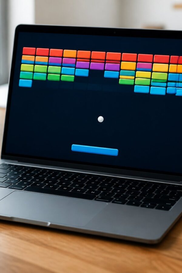 Um laptop em uma mesa de escritório com um jogo de quebra-blocos colorido na tela, cercado por itens de trabalho como caderno, caneta, celular e uma xícara de café.