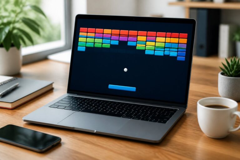 Um laptop em uma mesa de escritório com um jogo de quebra-blocos colorido na tela, cercado por itens de trabalho como caderno, caneta, celular e uma xícara de café.