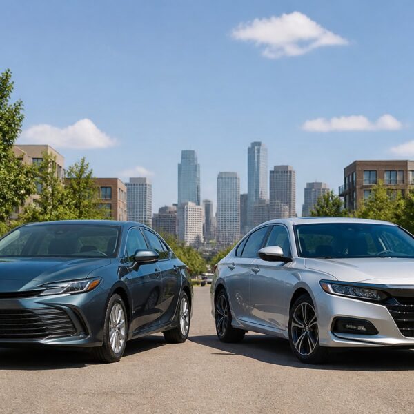 Dois carros modernos, um Toyota à esquerda e um Honda à direita, estacionados lado a lado em uma rua urbana durante o dia.