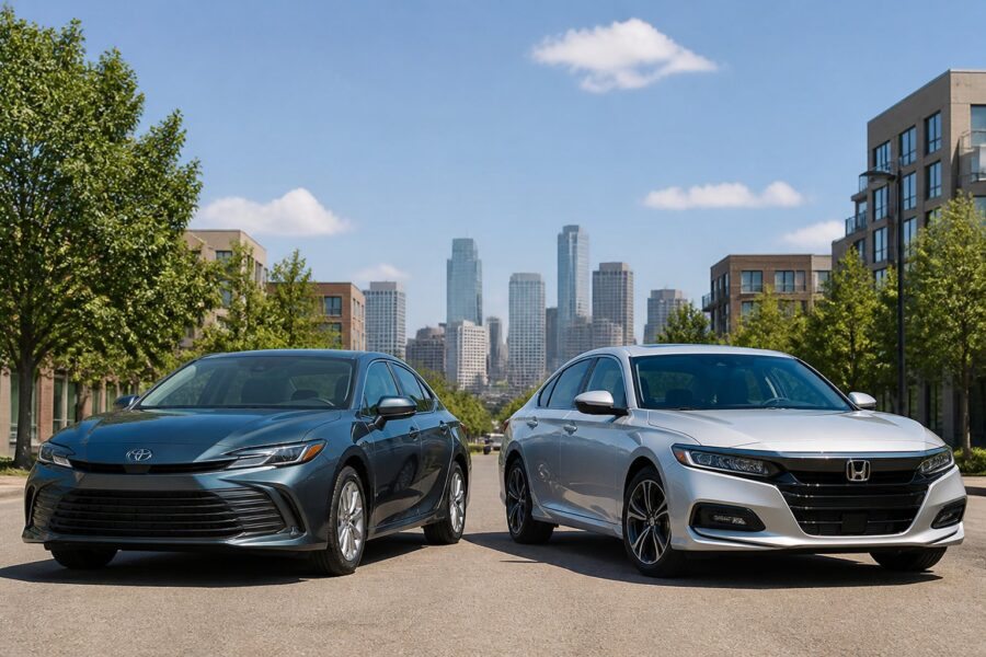 Dois carros modernos, um Toyota à esquerda e um Honda à direita, estacionados lado a lado em uma rua urbana durante o dia.