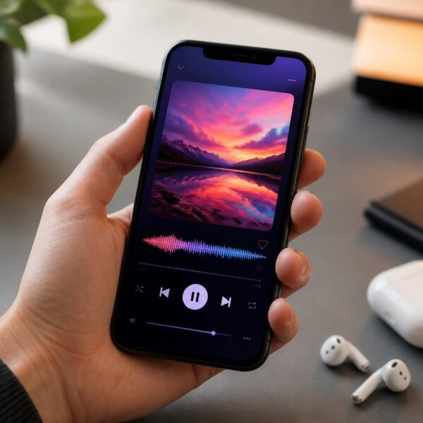 Pessoa segurando um smartphone mostrando uma interface de aplicativo de música com fones de ouvido sem fio ao lado.