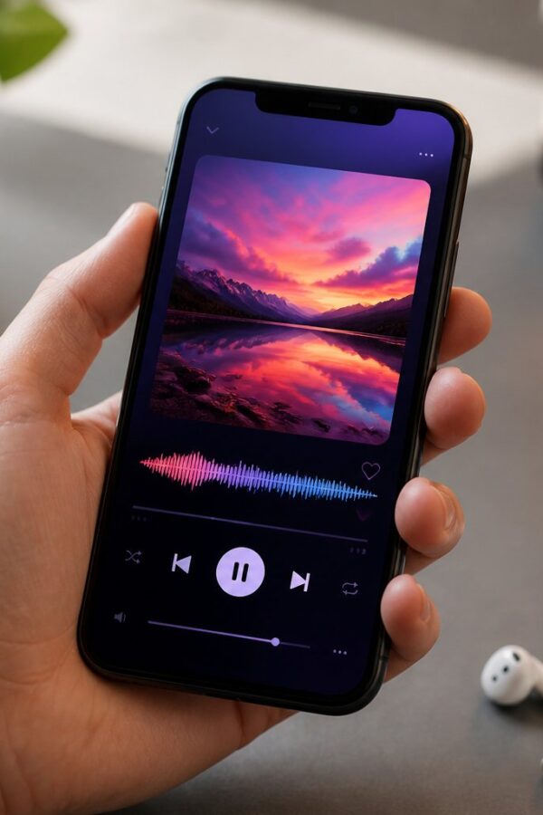 Pessoa segurando um smartphone mostrando uma interface de aplicativo de música com fones de ouvido sem fio ao lado.