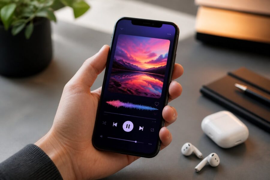 Pessoa segurando um smartphone mostrando uma interface de aplicativo de música com fones de ouvido sem fio ao lado.
