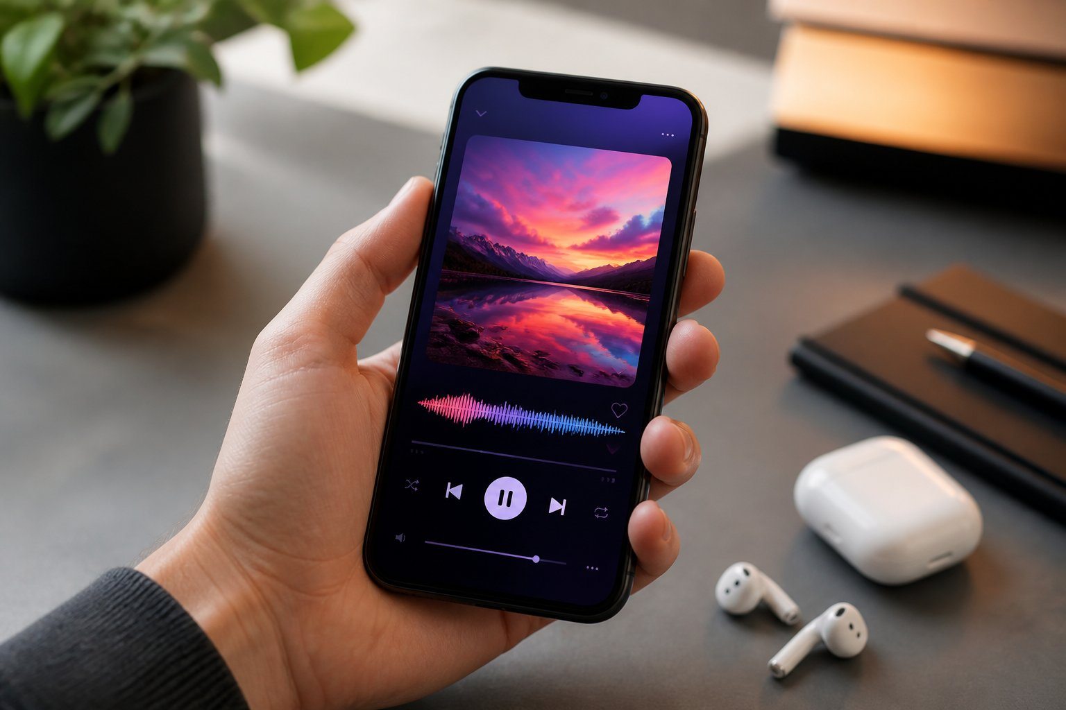 Pessoa segurando um smartphone mostrando uma interface de aplicativo de música com fones de ouvido sem fio ao lado.