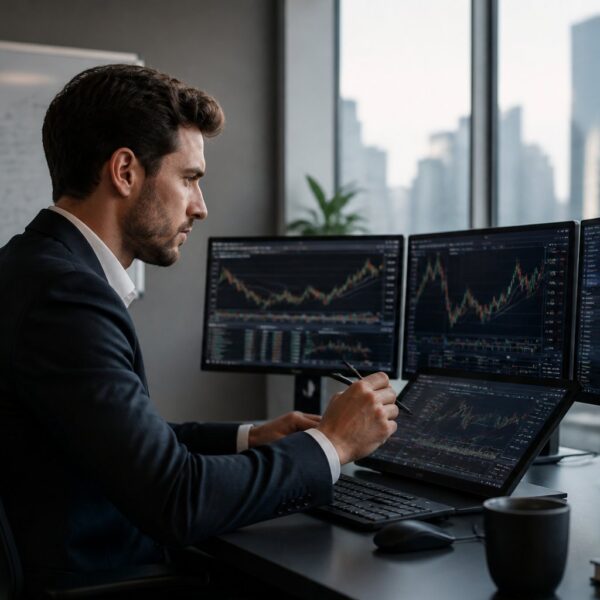 Pessoa profissional trabalhando em escritório moderno com vários monitores mostrando dados e gráficos.