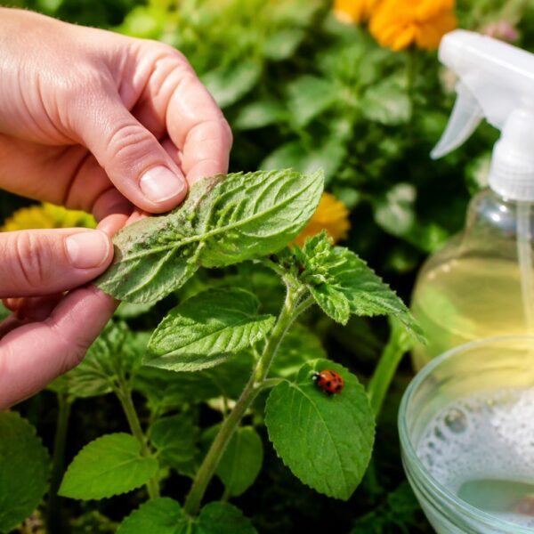 Mãos de jardineiro inspecionando folhas verdes com pulgões, com joaninhas e um borrifador de pesticida natural ao lado.